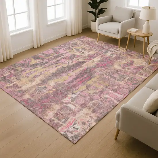 Blush And Wheat Abstract Washable Area Rug With UV Protection Photo 6