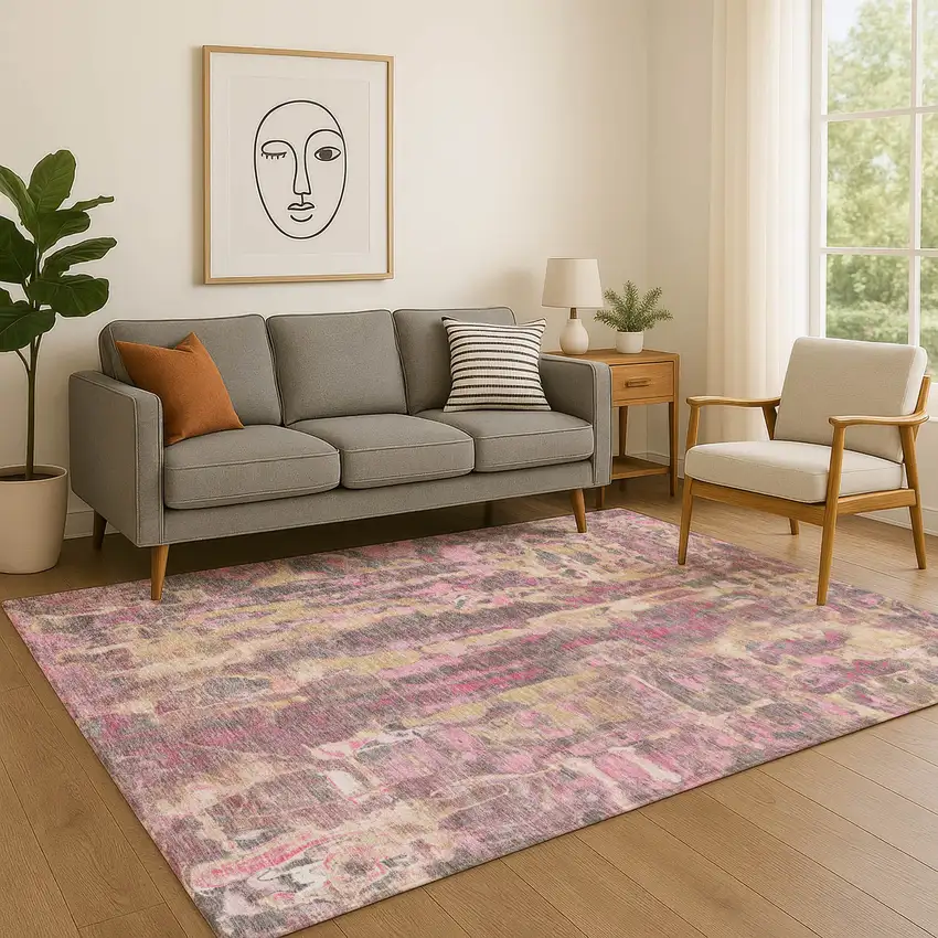 Blush And Wheat Abstract Washable Area Rug With UV Protection Photo 5
