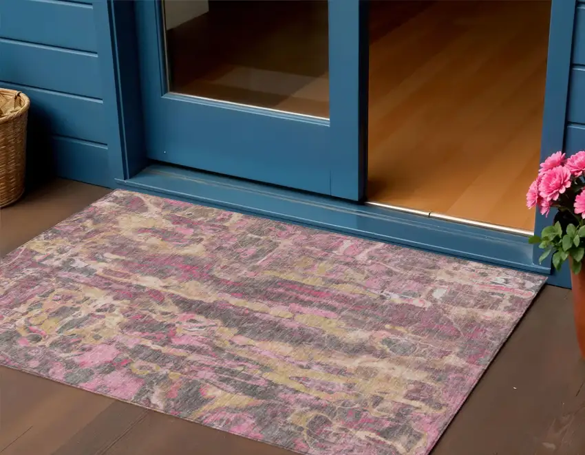 Blush And Wheat Abstract Washable Indoor Outdoor Area Rug Photo 1