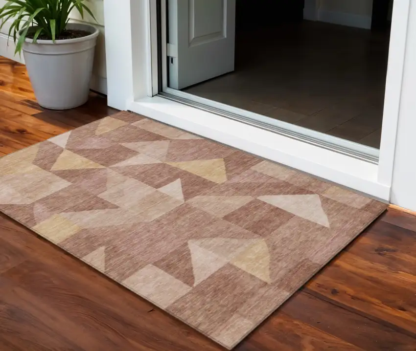 Blush And Wheat Geometric Washable Indoor Outdoor Area Rug Photo 1