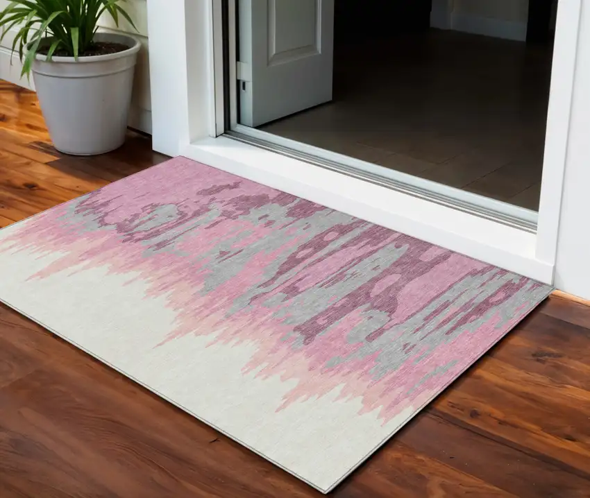 Blush Beige And Gray Abstract Washable Indoor Outdoor Area Rug Photo 1