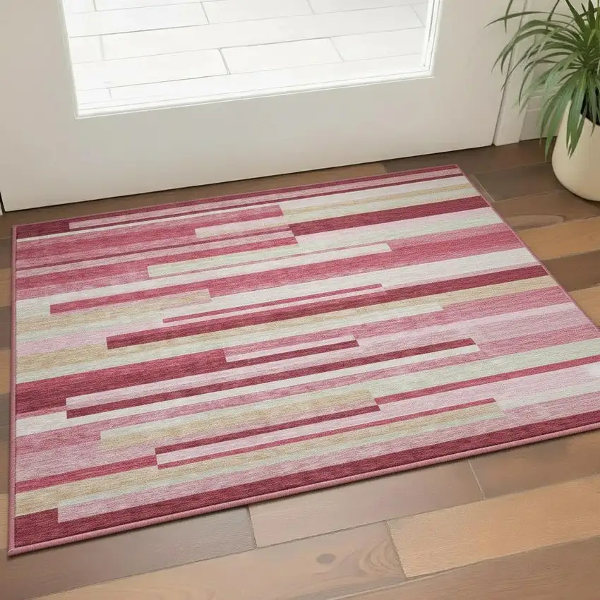 Blush Beige And Tan Striped Washable Area Rug With UV Protection Photo 2