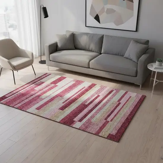 Blush Beige And Tan Striped Washable Area Rug With UV Protection Photo 2