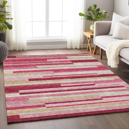 Blush Beige And Tan Striped Washable Area Rug With UV Protection Photo 4