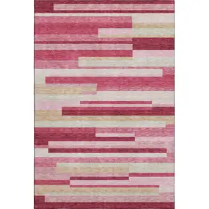 Photo of Blush Beige And Tan Striped Washable Area Rug With UV Protection
