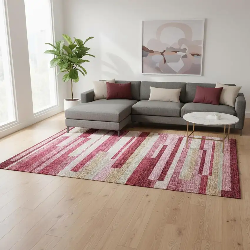 Blush Beige And Tan Striped Washable Area Rug With UV Protection Photo 2