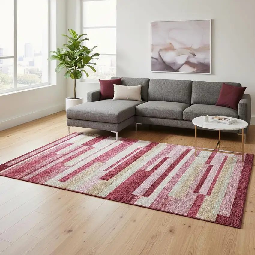 Blush Beige And Tan Striped Washable Area Rug With UV Protection Photo 2