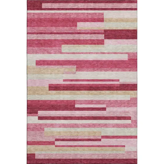 Blush Beige And Tan Striped Washable Area Rug With UV Protection Photo 1