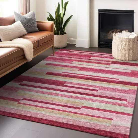 Blush Beige And Tan Striped Washable Area Rug With UV Protection Photo 6
