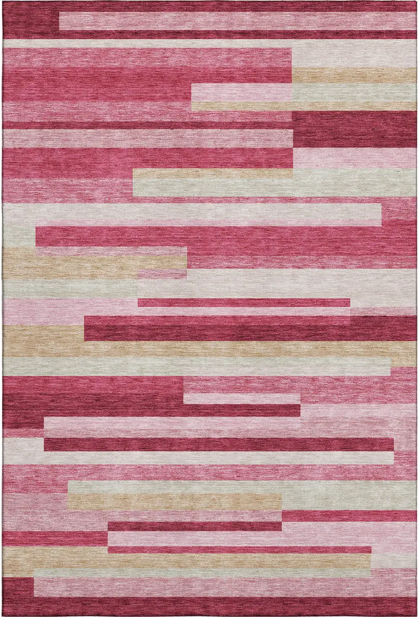 Blush Beige And Tan Striped Washable Area Rug With UV Protection Photo 1