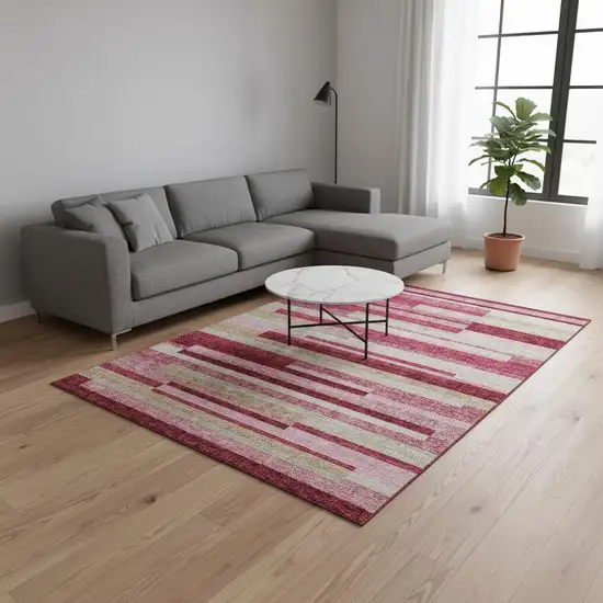 Blush Beige And Tan Striped Washable Area Rug With UV Protection Photo 2