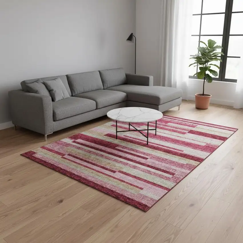 Blush Beige And Tan Striped Washable Area Rug With UV Protection Photo 2