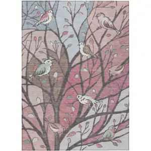 Photo of Blush Blue And Brown Botanical Leaves Washable Indoor Outdoor Area Rug