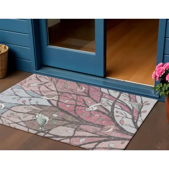 Blush Blue And Brown Botanical Leaves Washable Indoor Outdoor Area Rug Photo 1
