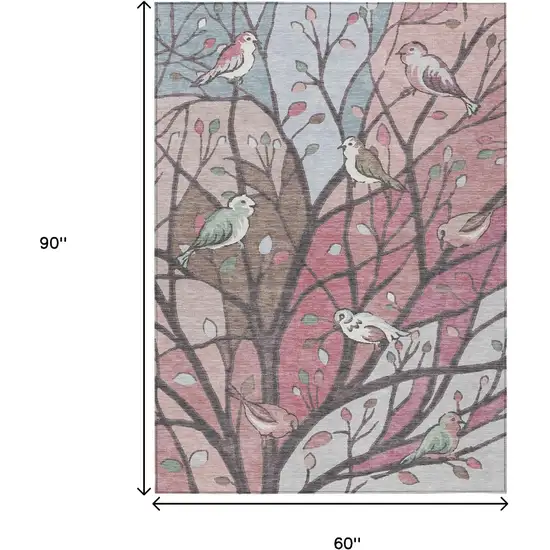 Blush Blue And Brown Botanical Leaves Washable Indoor Outdoor Area Rug Photo 3