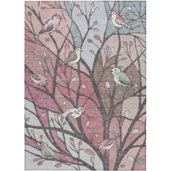 Blush Blue And Brown Botanical Leaves Washable Indoor Outdoor Area Rug Photo 4