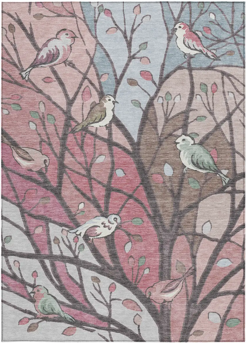 Blush Blue And Brown Botanical Leaves Washable Indoor Outdoor Area Rug Photo 4