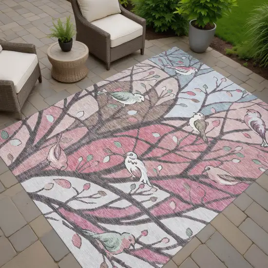Blush Blue And Brown Botanical Leaves Washable Indoor Outdoor Area Rug Photo 8