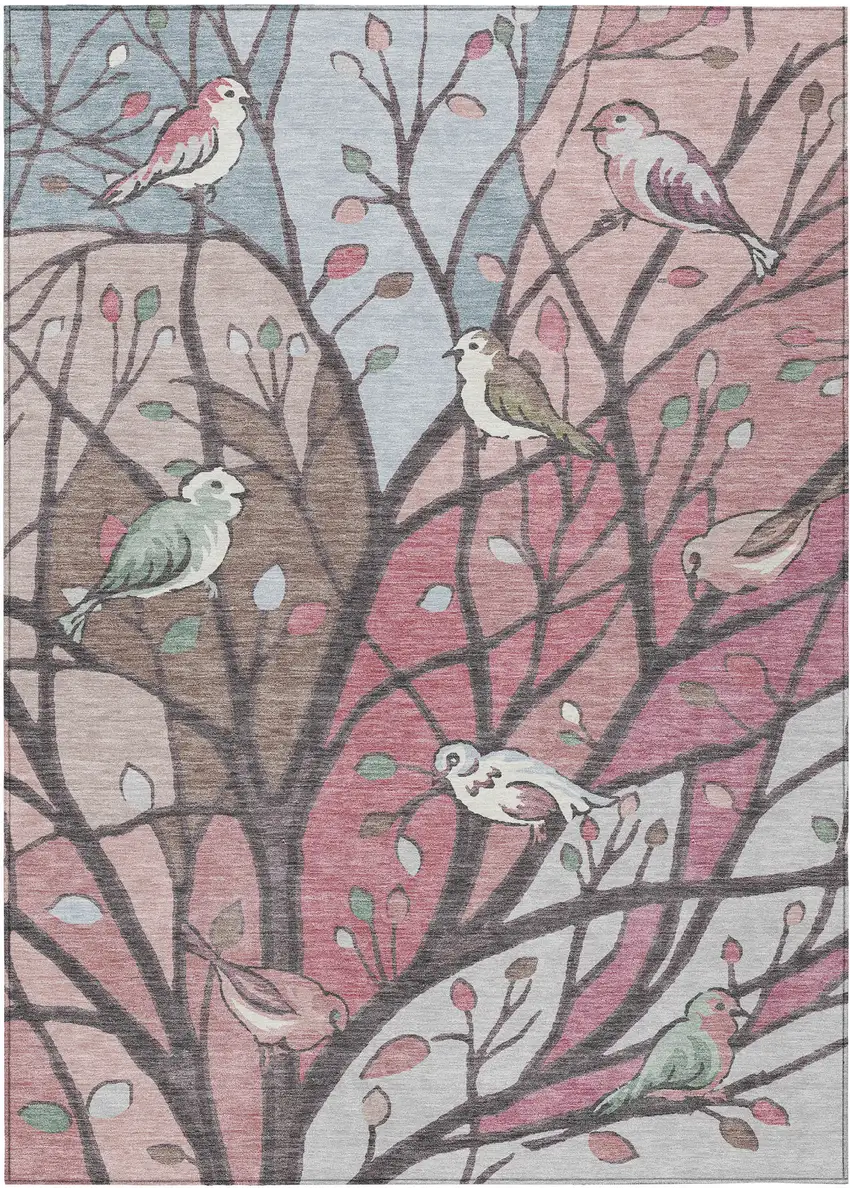 Blush Blue And Brown Botanical Leaves Washable Indoor Outdoor Area Rug Photo 2