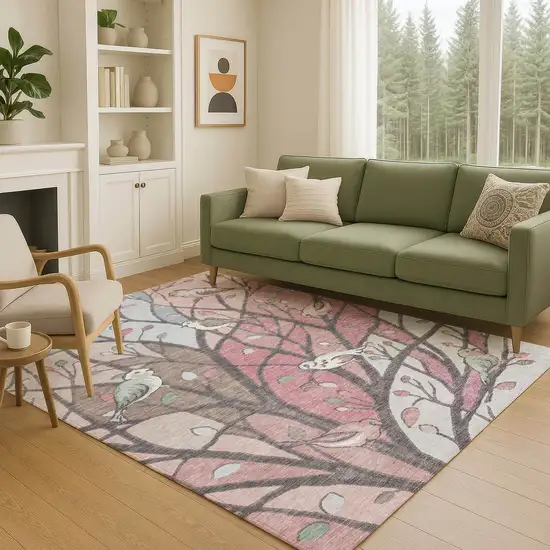 Blush Blue And Brown Botanical Leaves Washable Indoor Outdoor Area Rug Photo 9