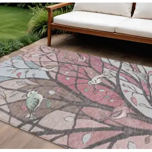 Photo of Blush Blue And Brown Botanical Leaves Washable Indoor Outdoor Area Rug
