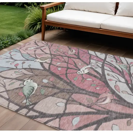 Blush Blue And Brown Botanical Leaves Washable Indoor Outdoor Area Rug Photo 1