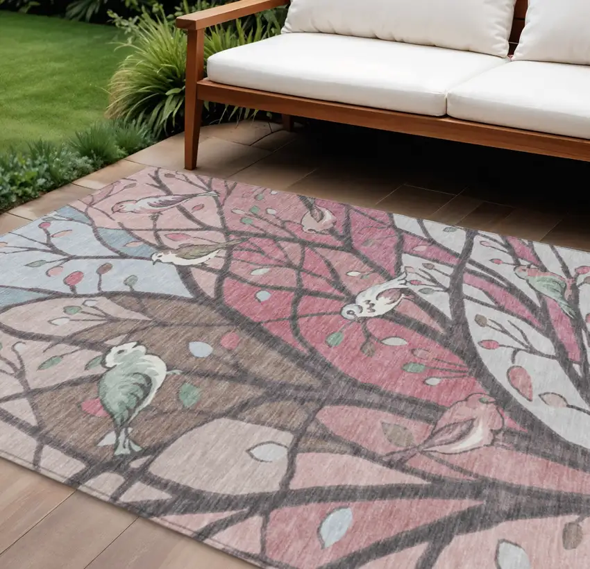 Blush Blue And Brown Botanical Leaves Washable Indoor Outdoor Area Rug Photo 1