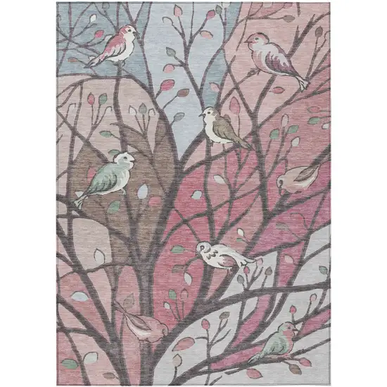 Blush Blue And Brown Botanical Leaves Washable Indoor Outdoor Area Rug Photo 2