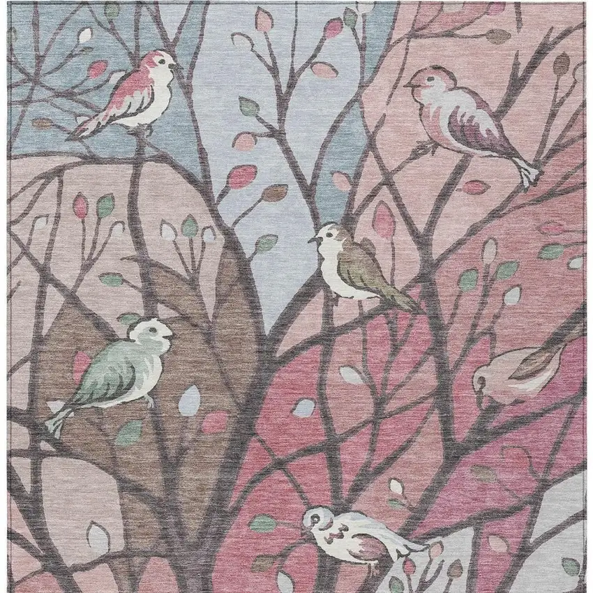 Blush Blue And Brown Botanical Leaves Washable Indoor Outdoor Area Rug Photo 6