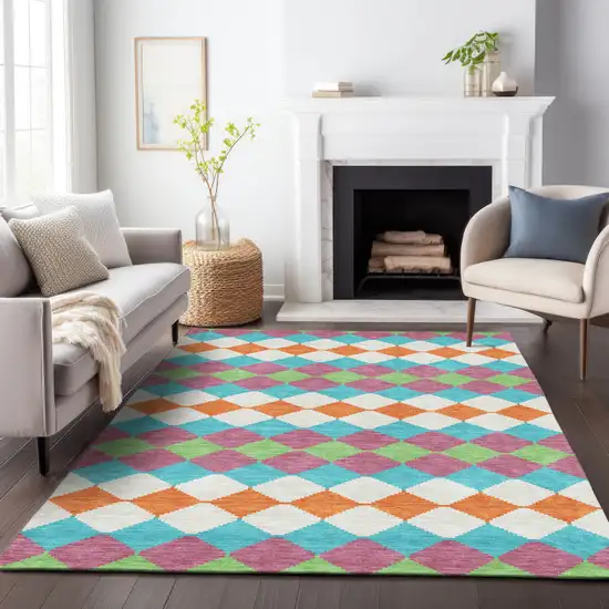 Blush Blue And Copper Geometric Washable Indoor Outdoor Area Rug Photo 9