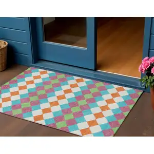 Photo of Blush Blue And Copper Geometric Washable Indoor Outdoor Area Rug