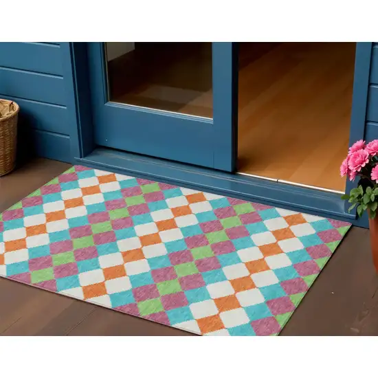 Blush Blue And Copper Geometric Washable Indoor Outdoor Area Rug Photo 1
