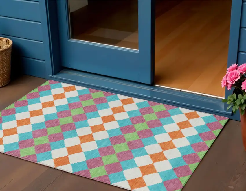 Blush Blue And Copper Geometric Washable Indoor Outdoor Area Rug Photo 1