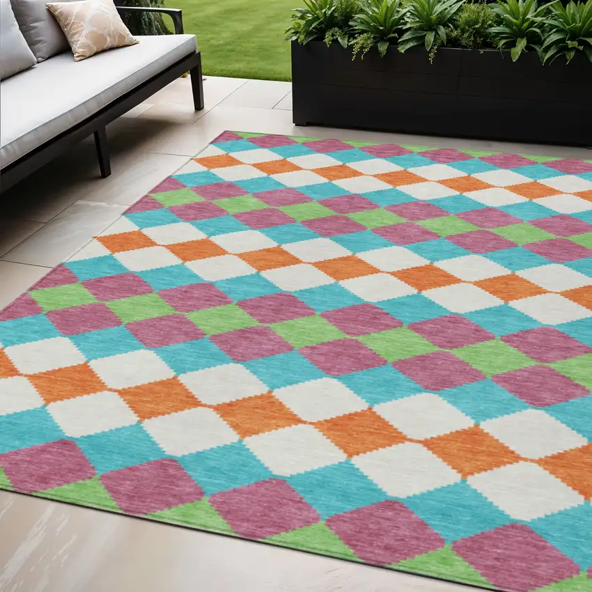 Blush Blue And Copper Geometric Washable Indoor Outdoor Area Rug Photo 1
