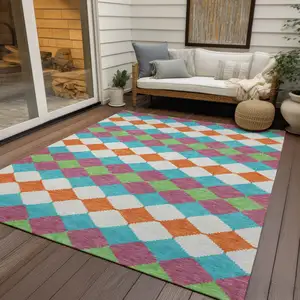 Photo of Blush Blue And Copper Geometric Washable Indoor Outdoor Area Rug
