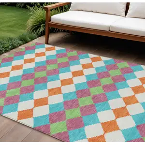 Photo of Blush Blue And Copper Geometric Washable Indoor Outdoor Area Rug