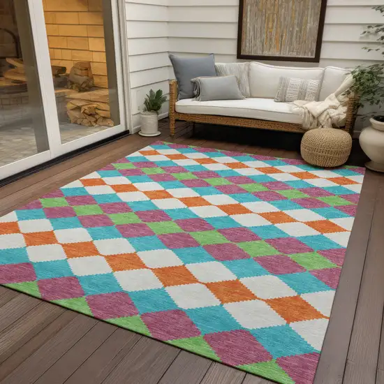Blush Blue And Copper Geometric Washable Indoor Outdoor Area Rug Photo 7