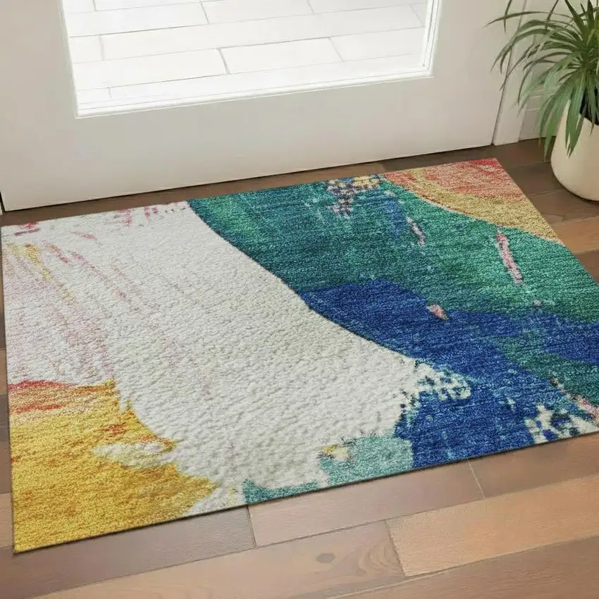 Blush Blue And Emerald Abstract Washable Area Rug With UV Protection Photo 2