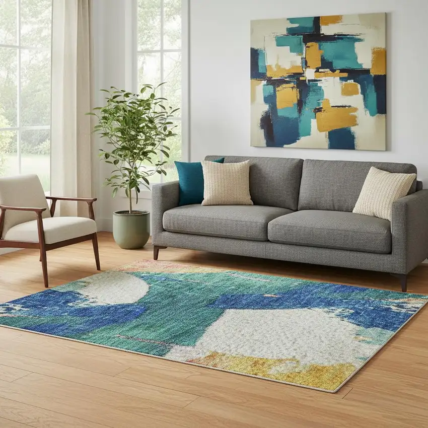 Blush Blue And Emerald Abstract Washable Area Rug With UV Protection Photo 1