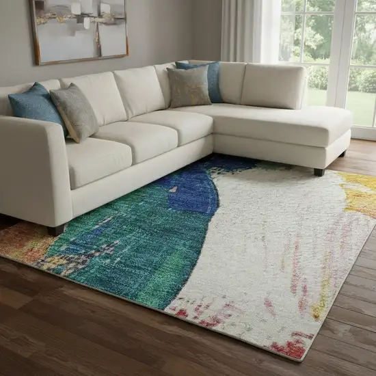 Blush Blue And Emerald Abstract Washable Area Rug With UV Protection Photo 2