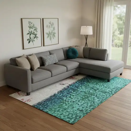 Blush Blue And Emerald Abstract Washable Area Rug With UV Protection Photo 2