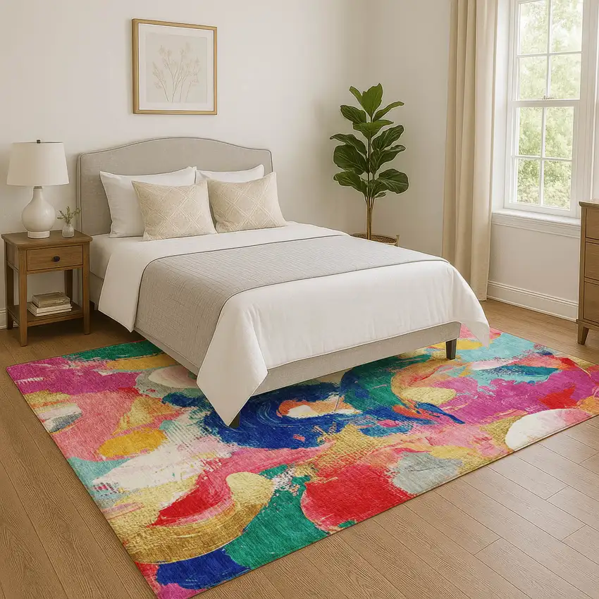 Blush Blue And Emerald Abstract Washable Area Rug With UV Protection Photo 5