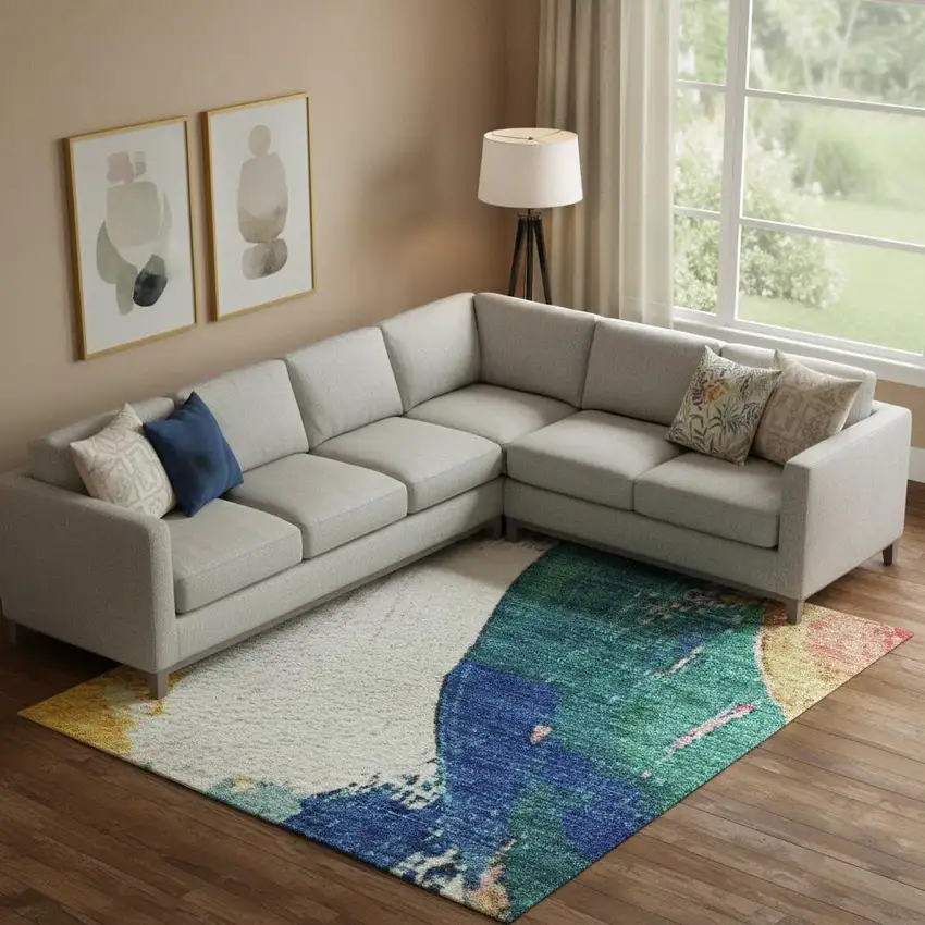 Blush Blue And Emerald Abstract Washable Area Rug With UV Protection Photo 2