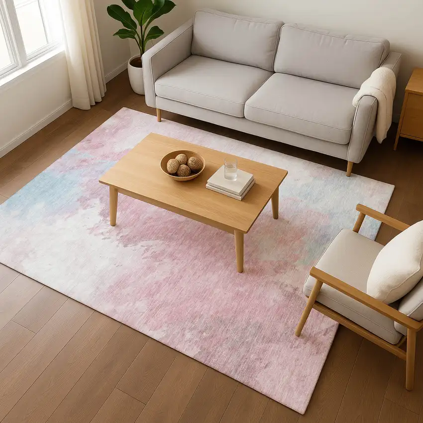 Blush Blue And Ivory Abstract Washable Area Rug With UV Protection Photo 4