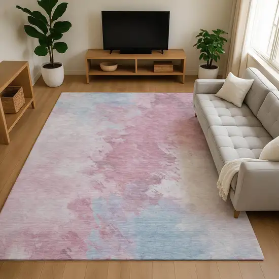 Blush Blue And Ivory Abstract Washable Area Rug With UV Protection Photo 3
