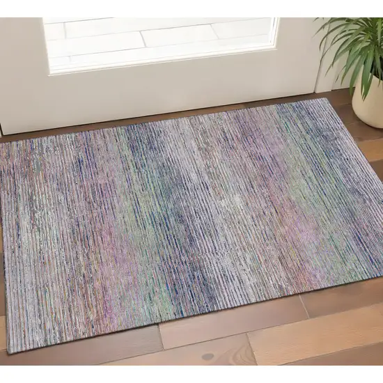 Blush Blue And Ivory Striped Washable Area Rug With UV Protection Photo 1