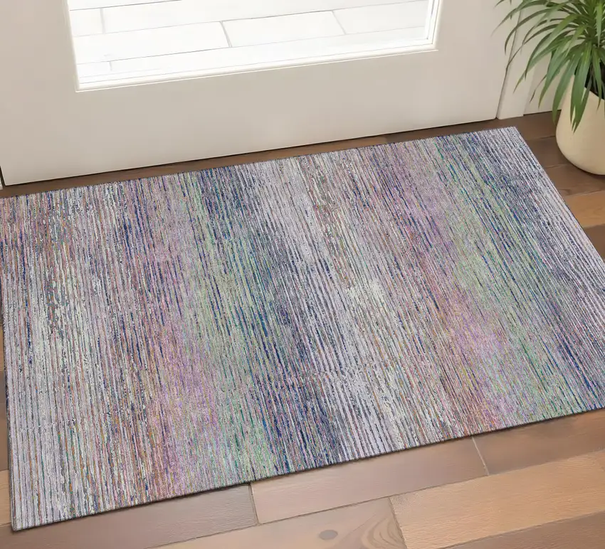 Blush Blue And Ivory Striped Washable Area Rug With UV Protection Photo 1