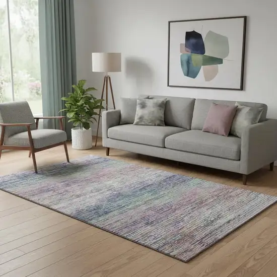 Blush Blue And Ivory Striped Washable Area Rug With UV Protection Photo 2