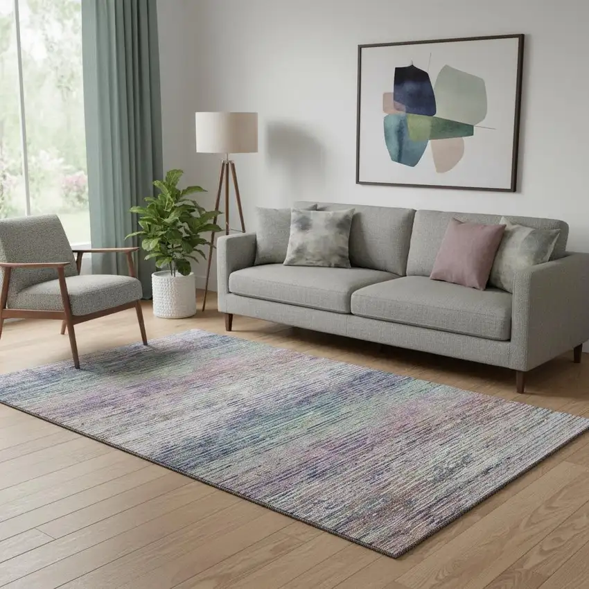 Blush Blue And Ivory Striped Washable Area Rug With UV Protection Photo 2