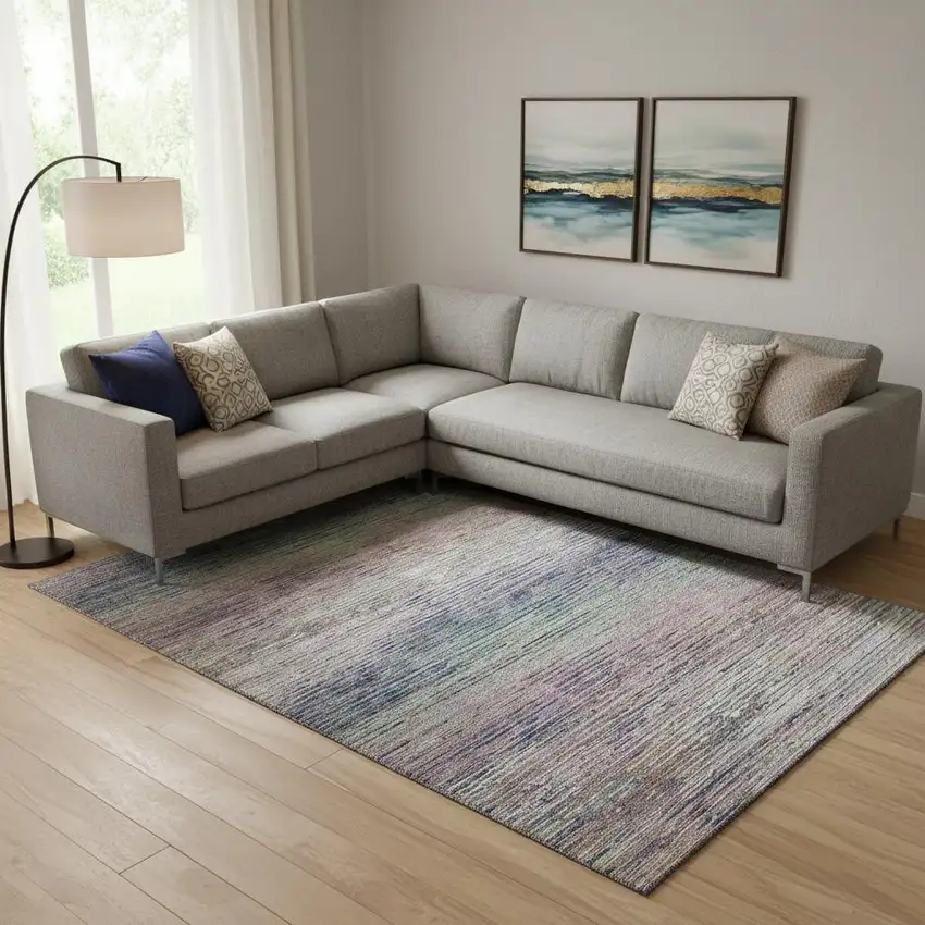 Blush Blue And Ivory Striped Washable Area Rug With UV Protection Photo 2